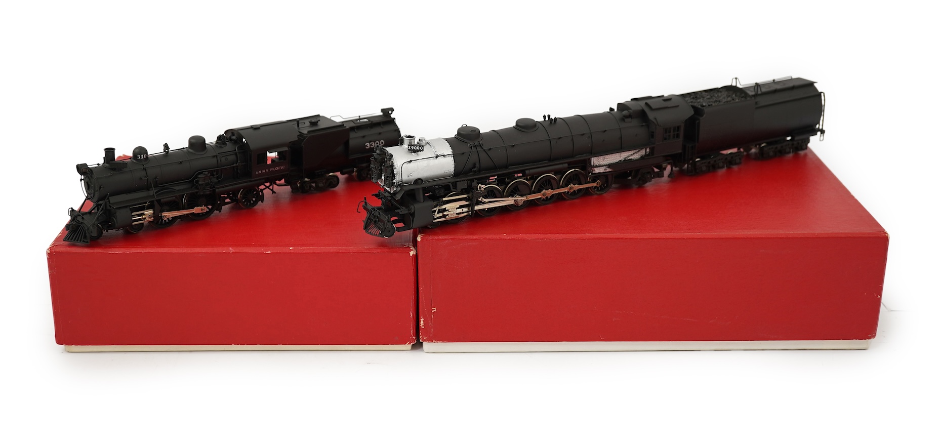 Two boxed HO gauge Union Pacific locomotives; an LMB Models model of Class 9000, 9000, 4-12-2 locomotive with bogie tender, together with another Japanese brass model of 4-4-2, 3300, locomotive with bogie tender, both po